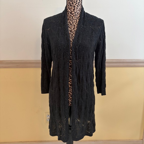 Eileen Fisher Sweaters - Eileen Fisher Black 100% Merino Wool Beaded Pointelle Long Cardigan Sweater S